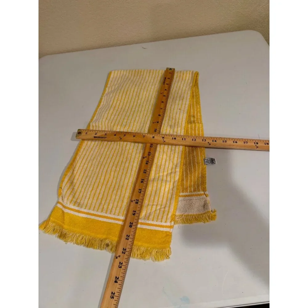 VTG Fieldcrest Hand‎ Towel Yellow White Striped Fringe MCM Retro 70s 80s USA